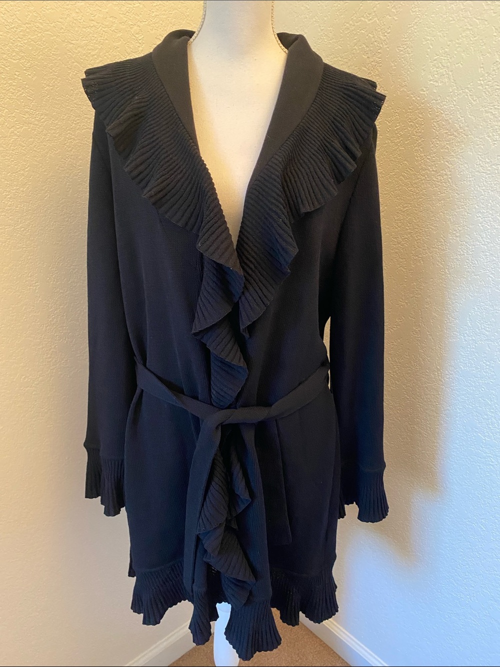 St. John Collection Marie Gray Black Santana Knit Ruffle Belted Kelly Cardigan